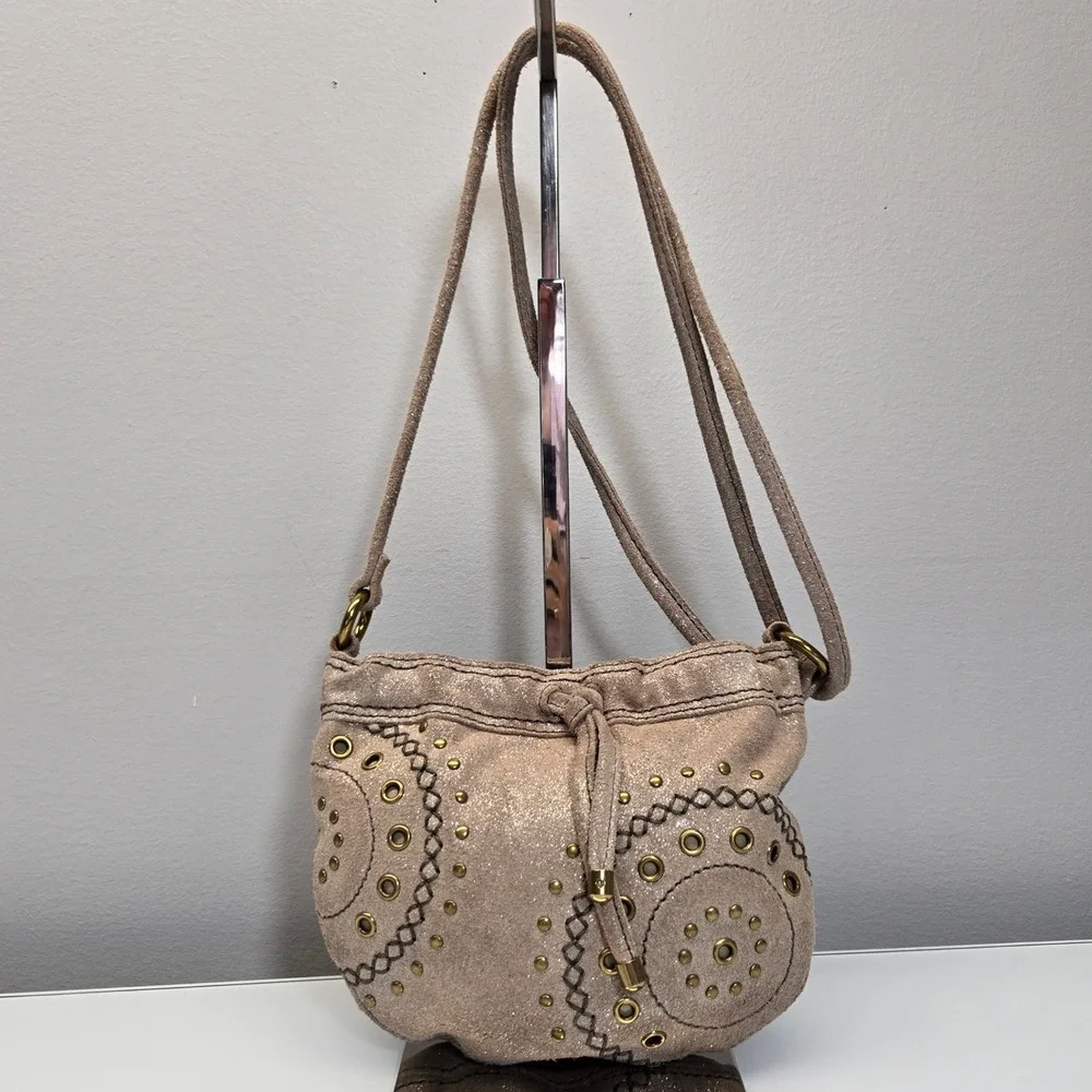 Fossil Small Leather Crossbody Bucket Bag Metallic Shimmer Suede Studded Western